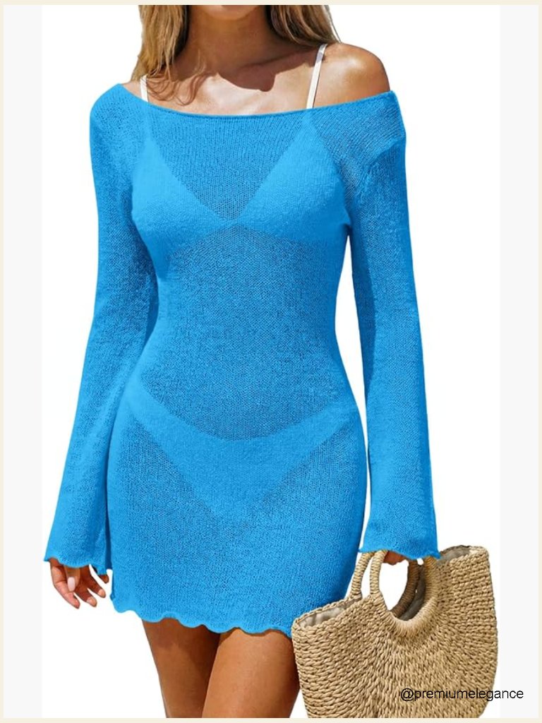 Sheer Mesh Knit Mini Dress Long Sleeve Backless Tie Swim Cover Up Beach